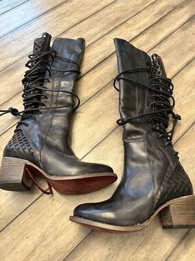 Freebird Black Lace-Up Leather Mid-Calf Boots
